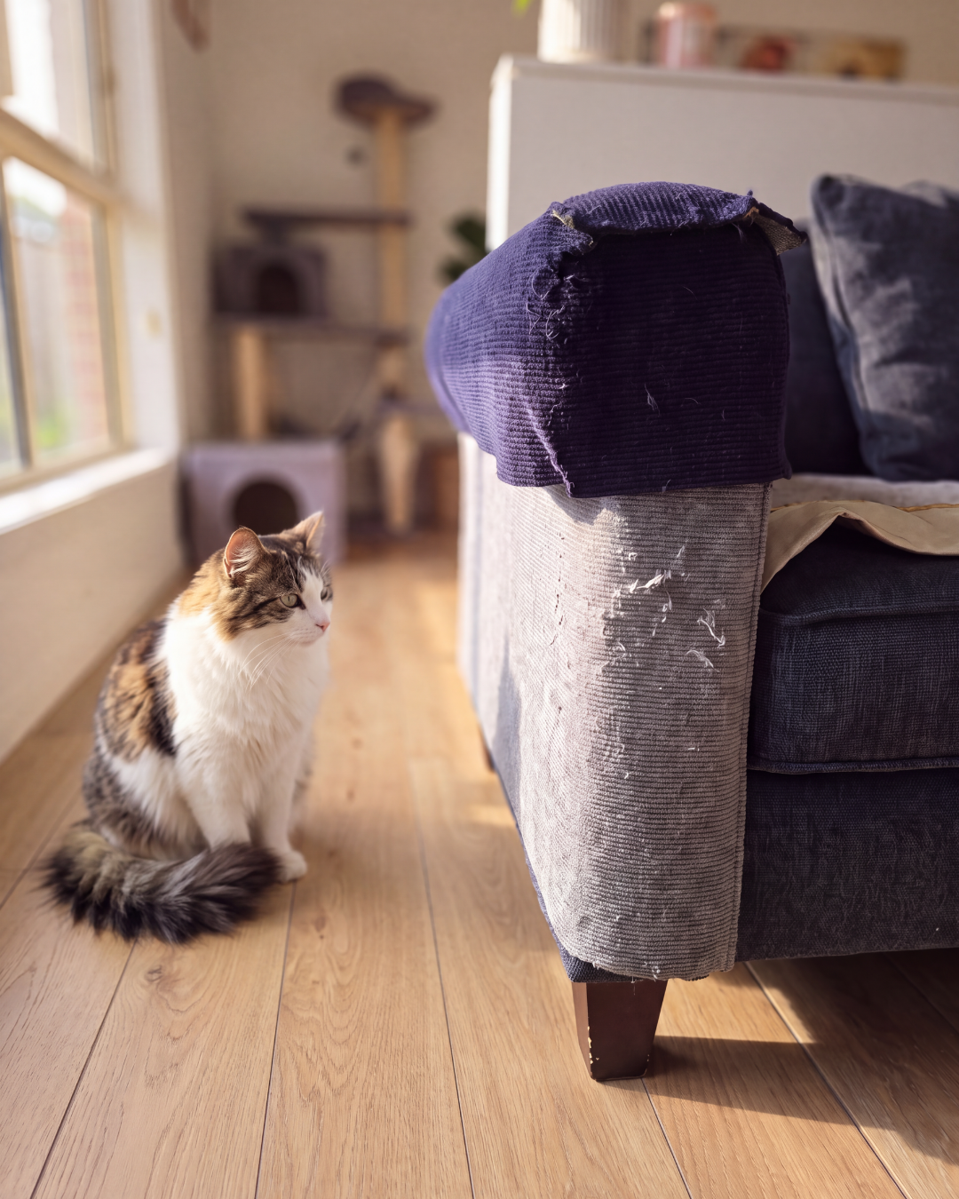 A cat sitting beside a shredded sofa arm while an expensive cat tree sits untouched in the background