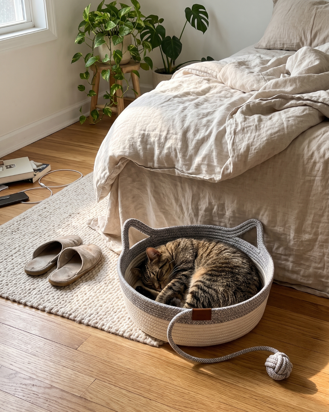 The Wildcat Nest beside a living room sofa with a cat resting inside