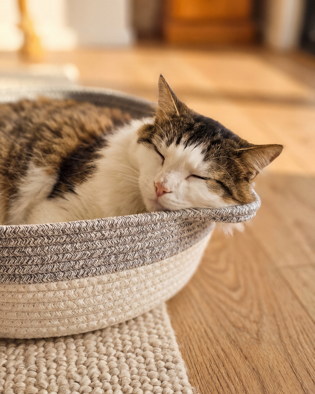 The Wildcat Nest beside a living room sofa with a cat happily resting inside