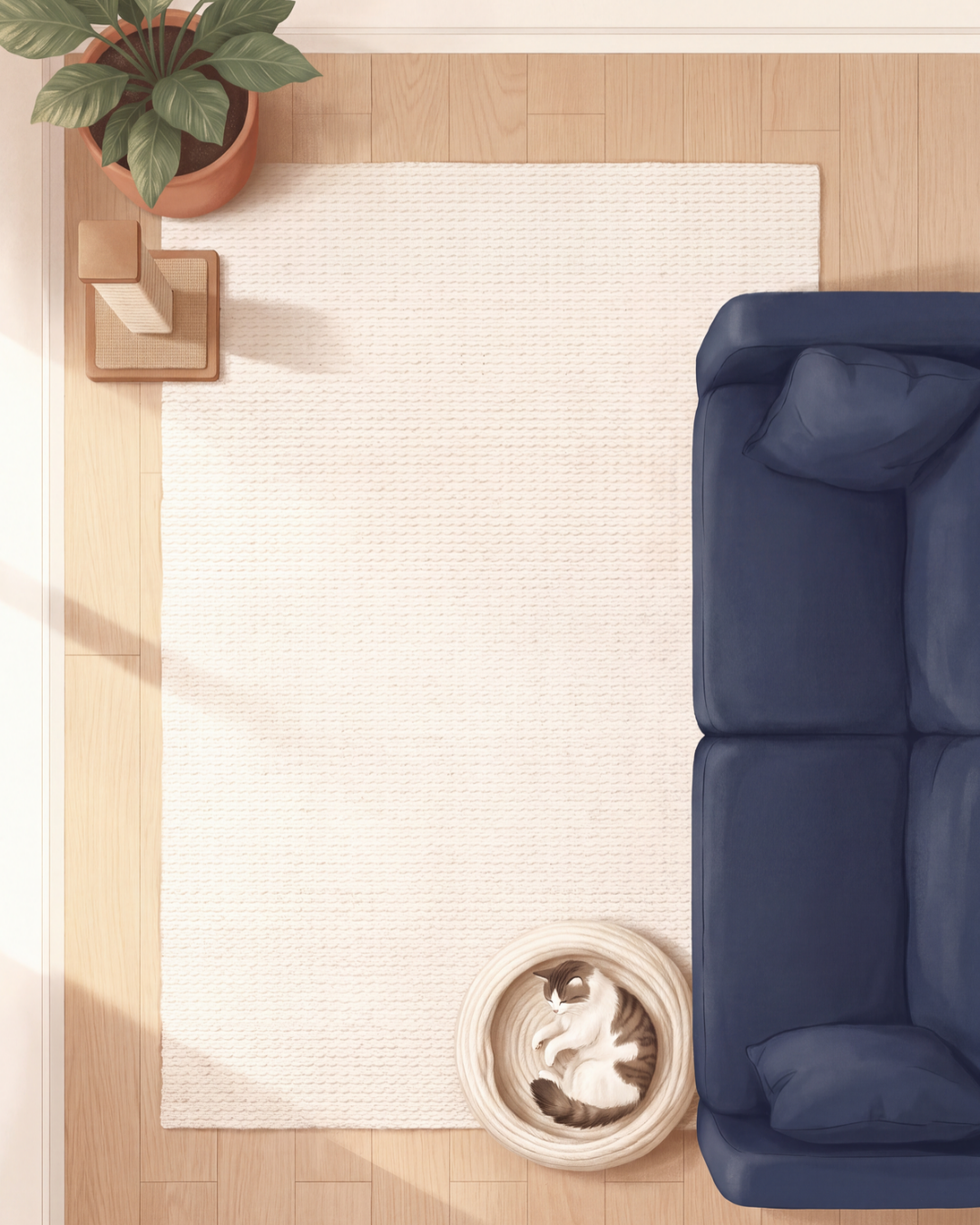 Top-down illustration of a living room: the scratching post is in the far corner while the cat sleeps in her bed right beside the couch